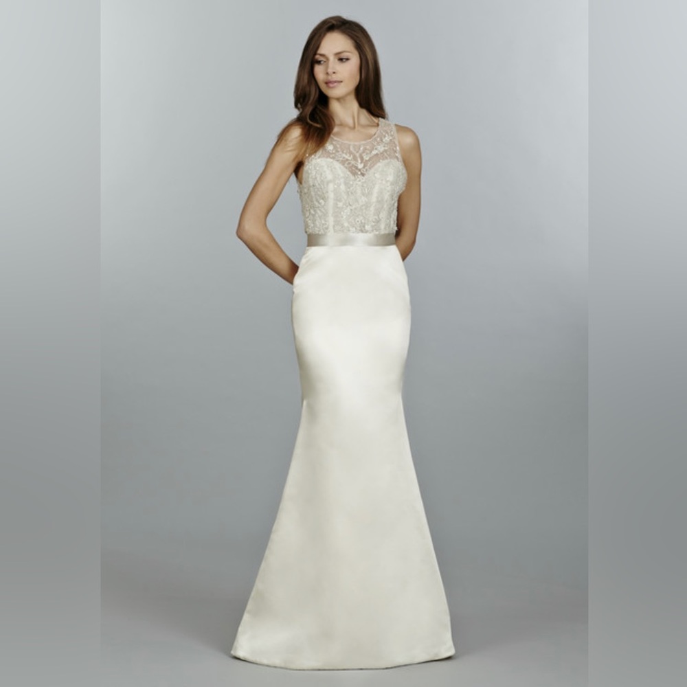 TARA KEELY WEDDING DRESS Model 2455 Ivory Oyster Beaded Bodice Sz 12 (Street 8)